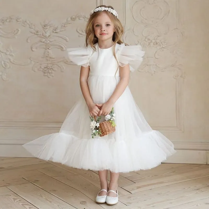 Girls Boutique Party Wear Elegant Tulle Dress - White