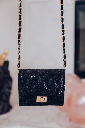 Glitter Quilted Crossbody Wallet- Black