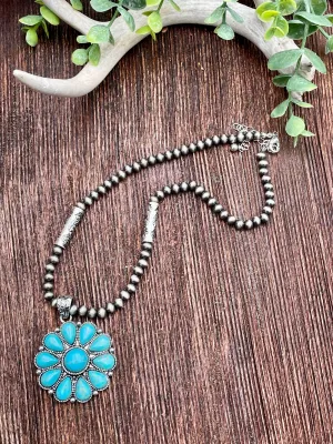 Gloria 6mm Fashion Navajo & Stamped Cylinder Necklace With Round Center Cluster Pendant - Turquoise
