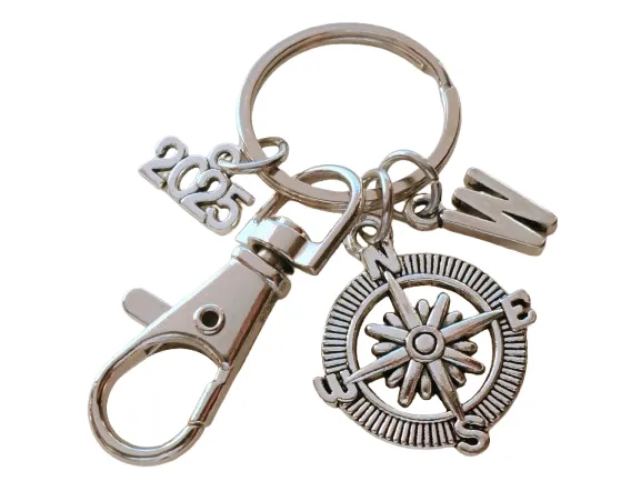 Good Luck on the Path Ahead of You Compass Charm Keychain with 2025 Charm & Clasp, Graduation Gift Keychain