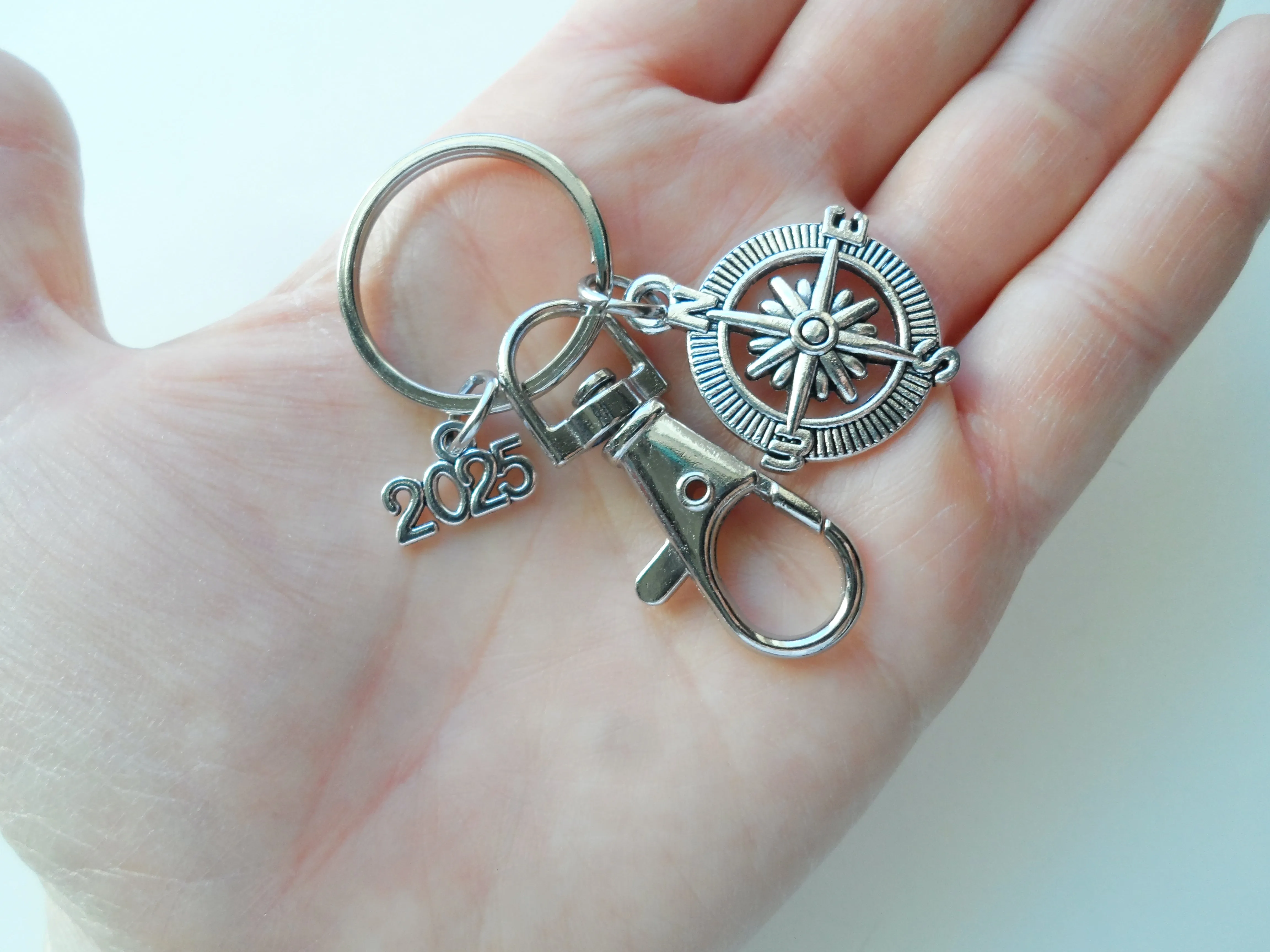 Good Luck on the Path Ahead of You Compass Charm Keychain with 2025 Charm & Clasp, Graduation Gift Keychain