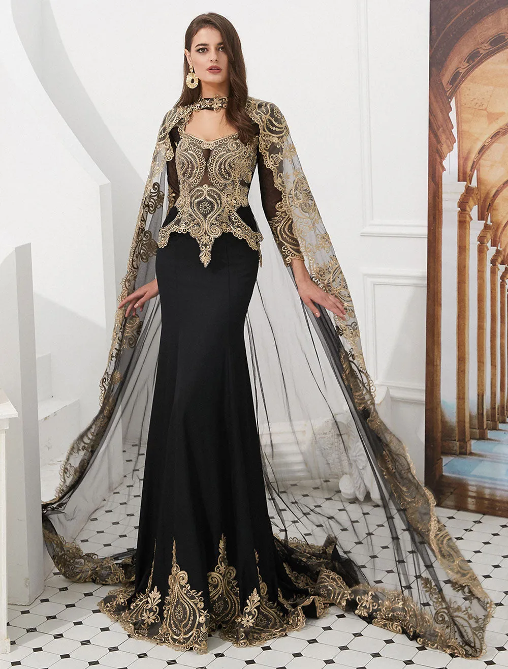 Gorgeous Luxury Evening Dresses Embroidered Beaded Queen Anneneck Long Sleeve Formal Gowns With Cloak