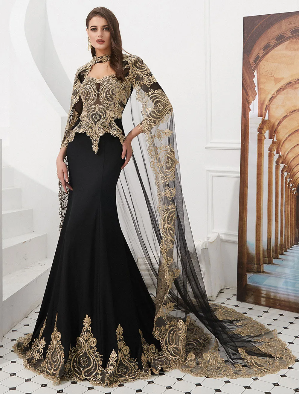 Gorgeous Luxury Evening Dresses Embroidered Beaded Queen Anneneck Long Sleeve Formal Gowns With Cloak