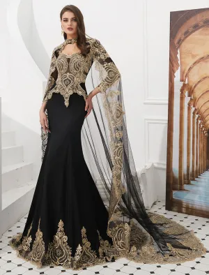 Gorgeous Luxury Evening Dresses Embroidered Beaded Queen Anneneck Long Sleeve Formal Gowns With Cloak