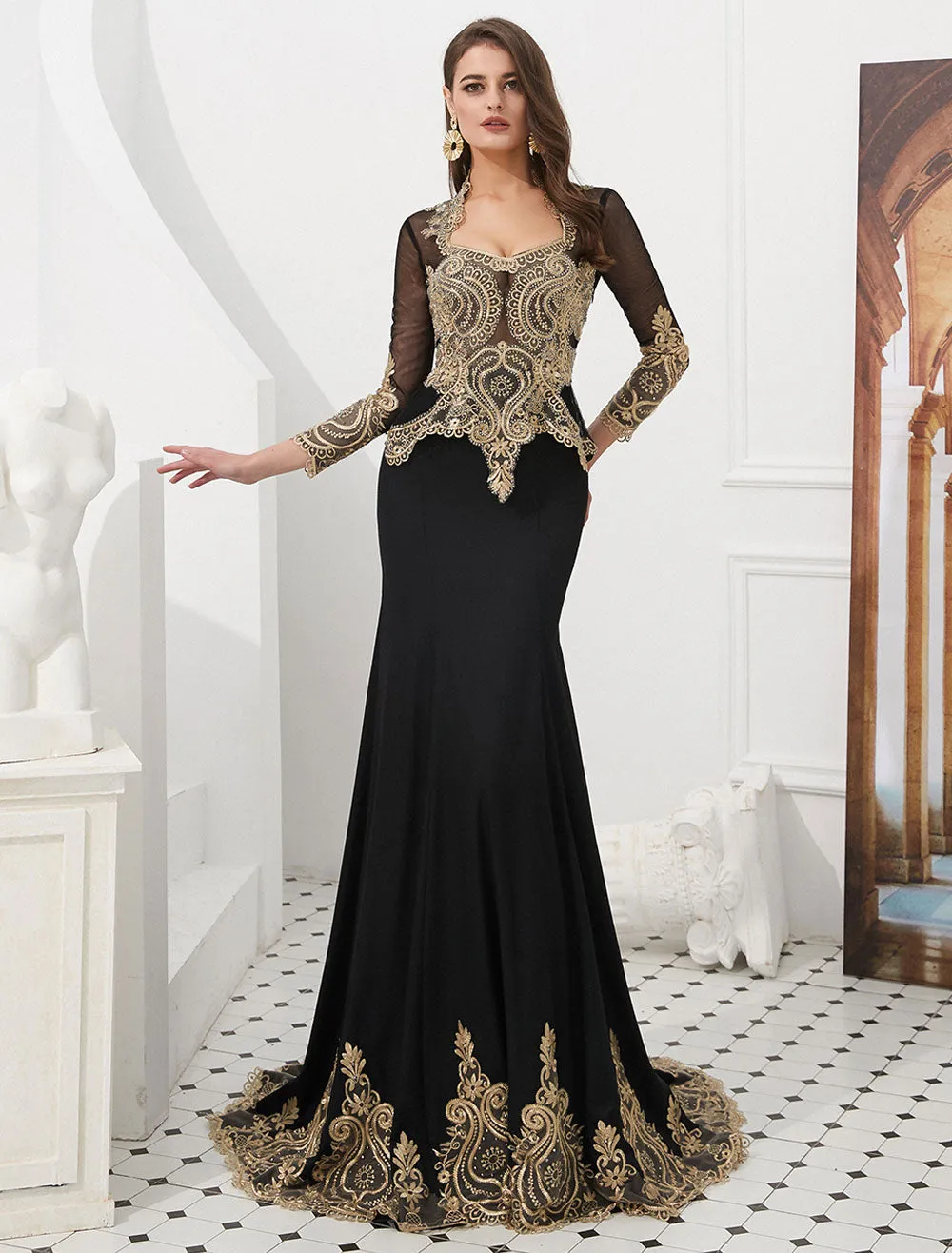 Gorgeous Luxury Evening Dresses Embroidered Beaded Queen Anneneck Long Sleeve Formal Gowns With Cloak