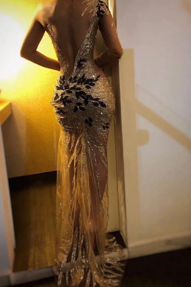 Gorgeous One Shoulder V-Neck Sheath Backless Floor-Length Prom Dresses