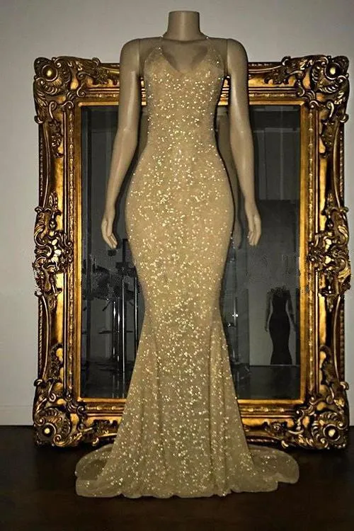Gorgeous Sequined Mermaid Spaghetti-strap Long Sleevesless Prom Party Gowns