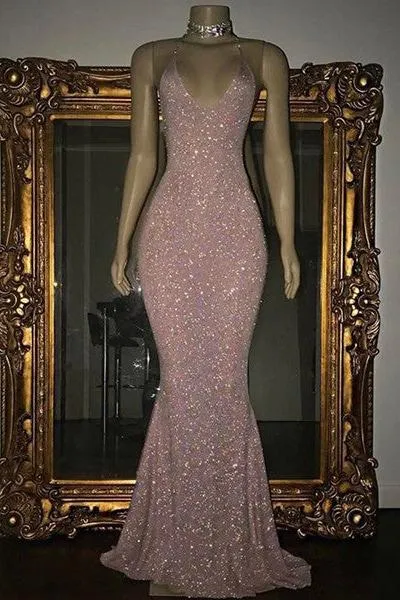 Gorgeous Sequined Mermaid Spaghetti-strap Long Sleevesless Prom Party Gowns