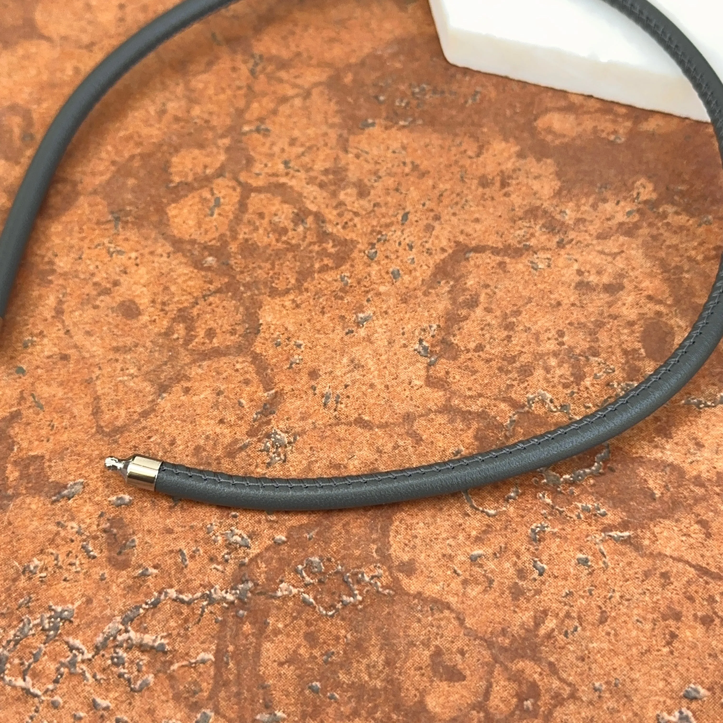 Grey Stitched Leather   Stainless Steel 5mm Swap Necklace