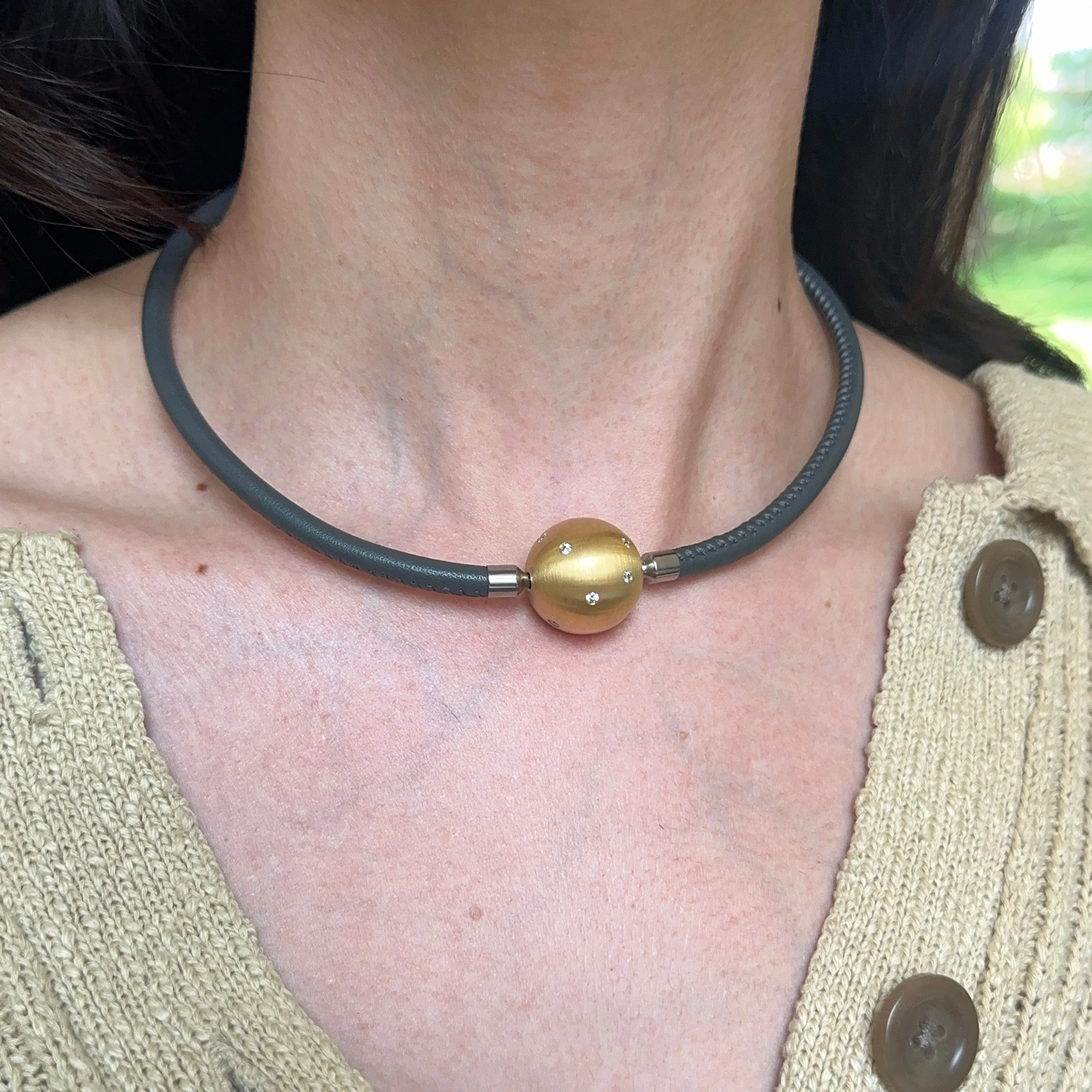 Grey Stitched Leather   Stainless Steel 5mm Swap Necklace
