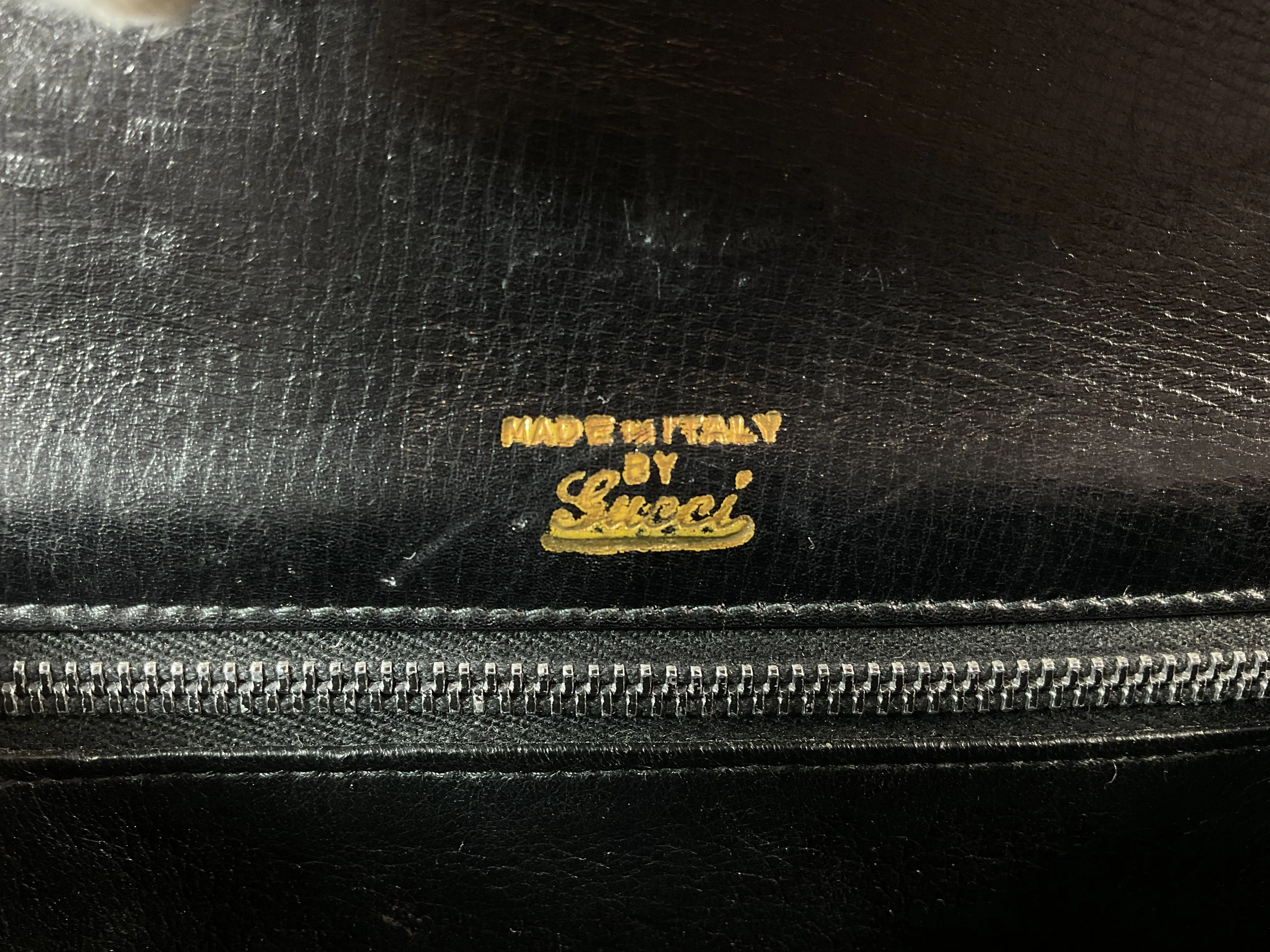 GUCCI 1960s Black Lizard Leather Handbag with Mini Wallet and Mirror