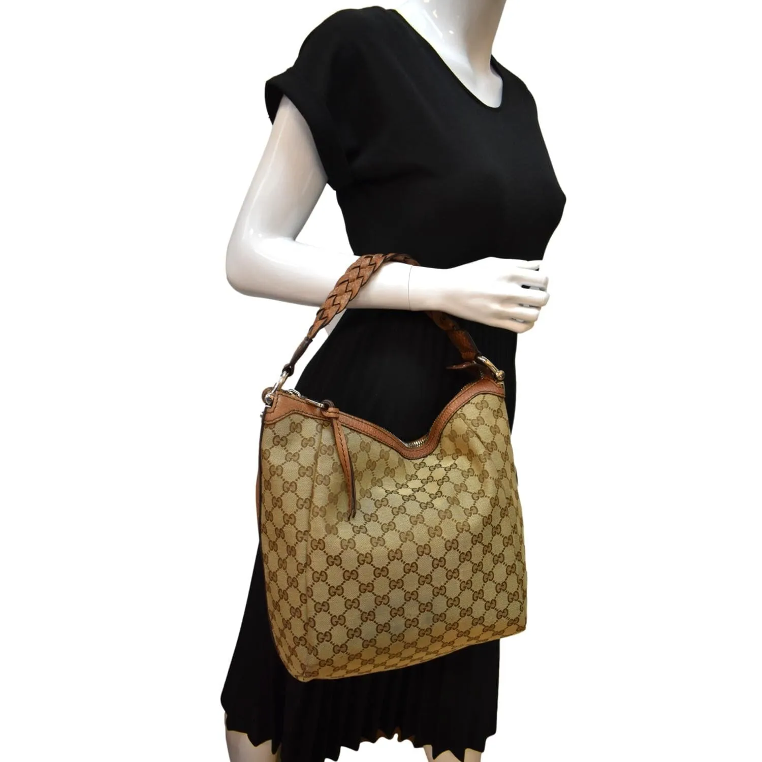 GUCCI Bamboo Bar GG Monogram Canvas Hobo Bag Brown 257090