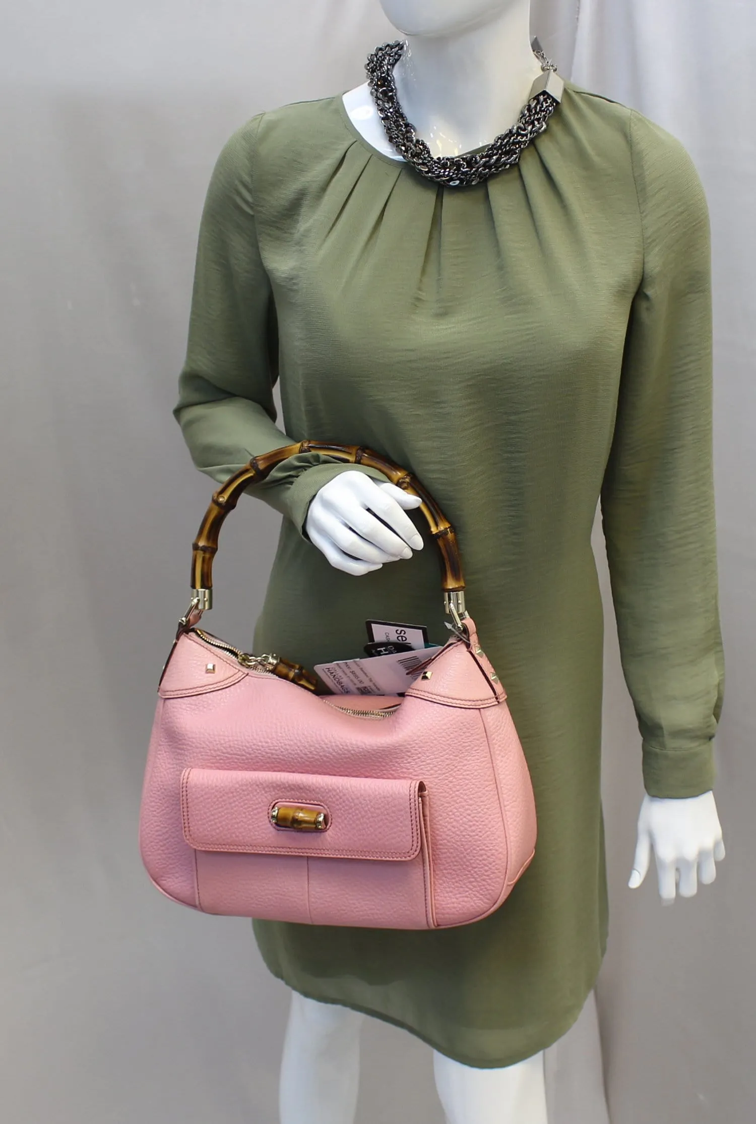 Gucci Bamboo Top Handle Pink Calfskin Leather Hobo Bag