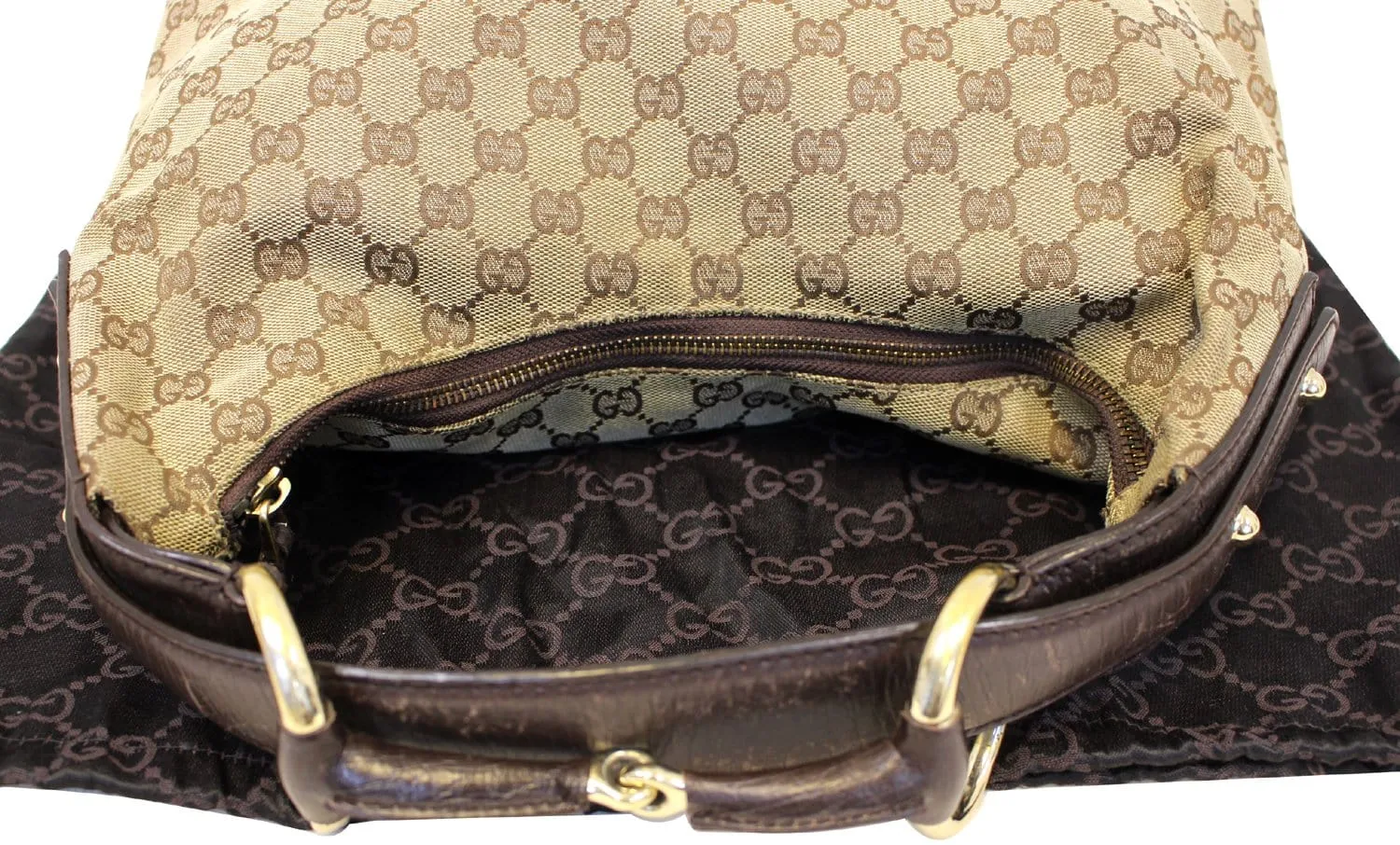 GUCCI Beige GG Canvas Medium Horsebit Hobo Bag