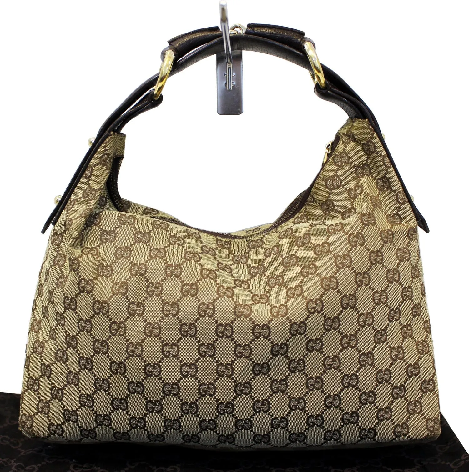 GUCCI Beige GG Canvas Medium Horsebit Hobo Bag