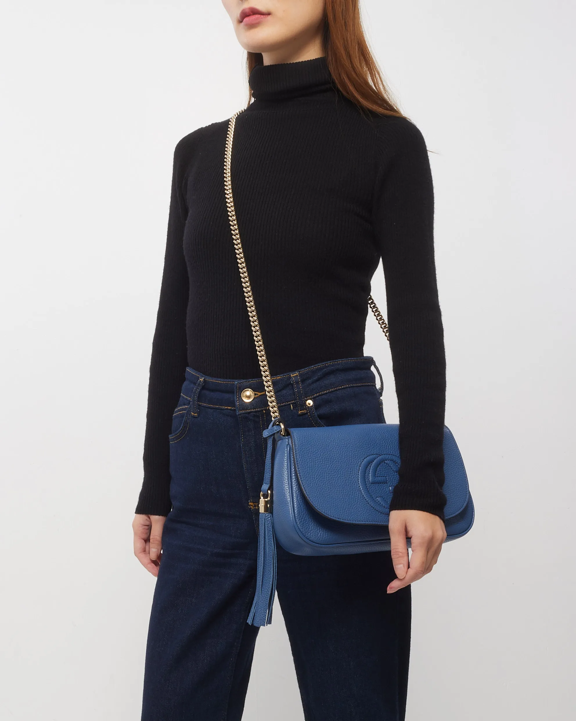 Gucci Blue Grained Leather Soho Crossbody Bag