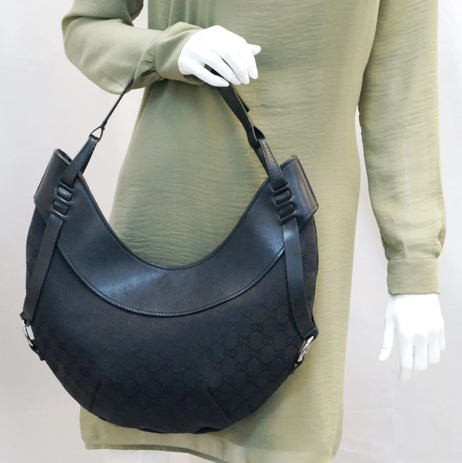 GUCCI GG Canvas Half Moon Black Hobo Bag