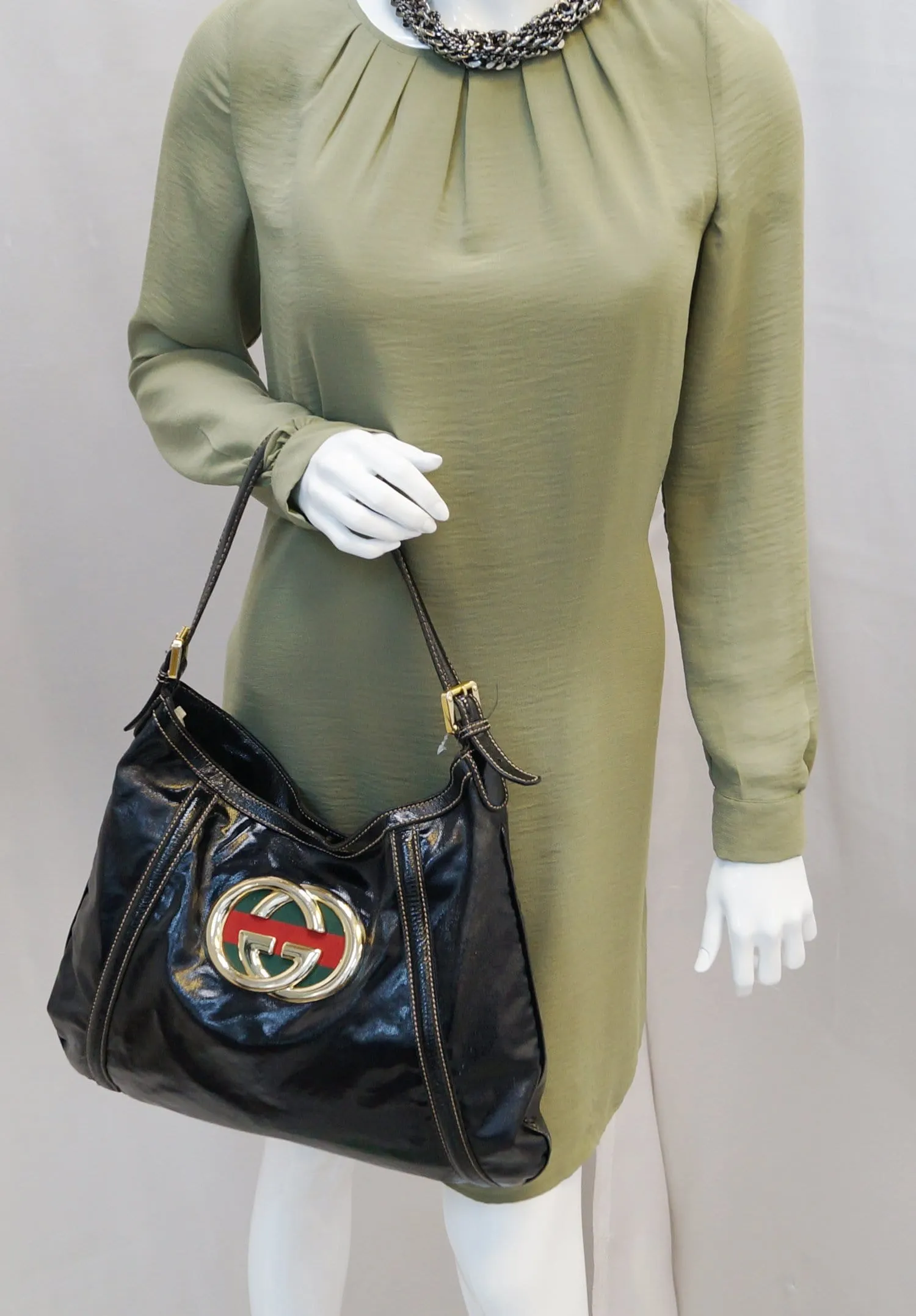 GUCCI Patent Leather Black Medium Britt Hobo Bag