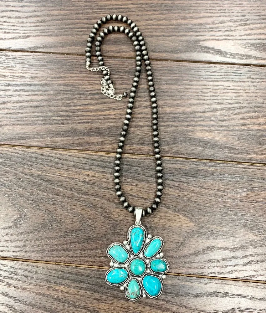 Haley 8mm Fashion Navajo Necklace With Natural Stone Cluster Pendant - Turquoise