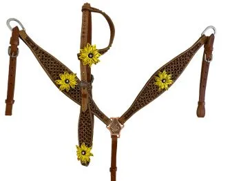 Hand Painted 3D Sunflower One Ear Headstall and Breast collar Set