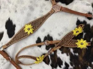 Hand Painted 3D Sunflower One Ear Headstall and Breast collar Set