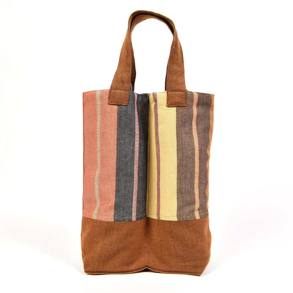 Hand Woven Wine Bottle Tote | Double in Wide Caramel Stripe