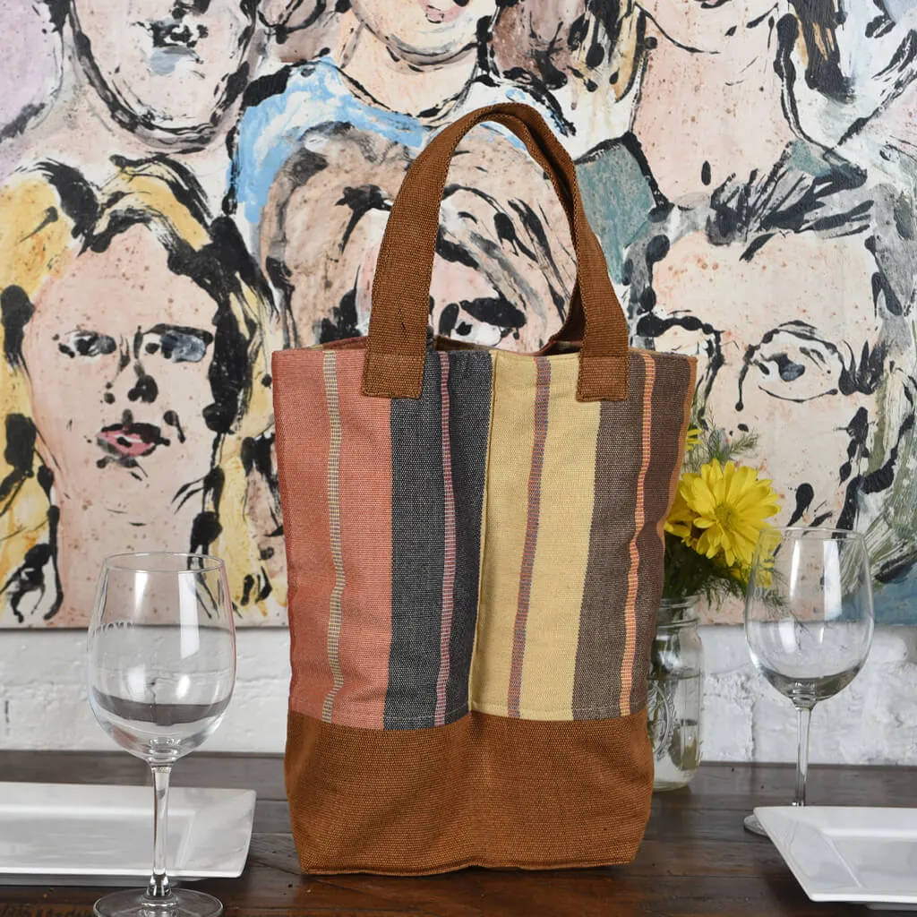 Hand Woven Wine Bottle Tote | Double in Wide Caramel Stripe