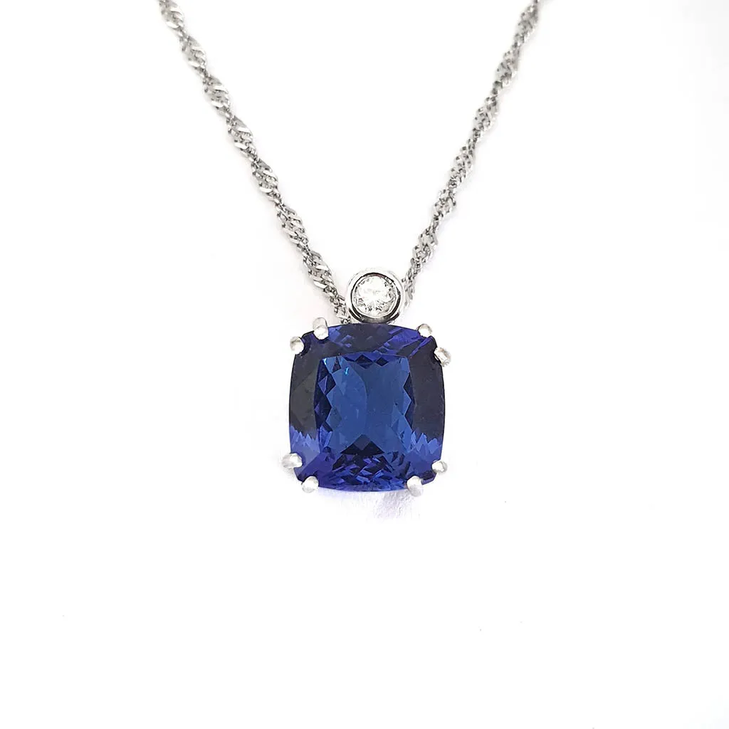 Handcrafted Cushion Cut Tanzanite Pendant with Tube Set Diamond Accent