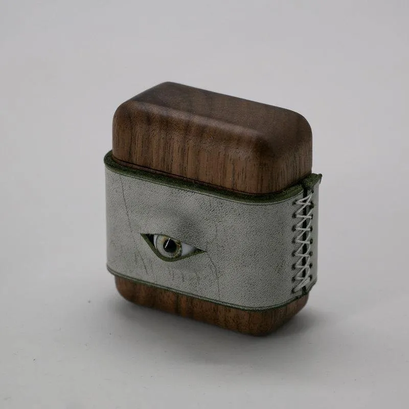 Handmade Green Leather Coffee Wood AirPods Pro Case with Eye Custom Leather AirPods Pro Case Airpod Case Cover