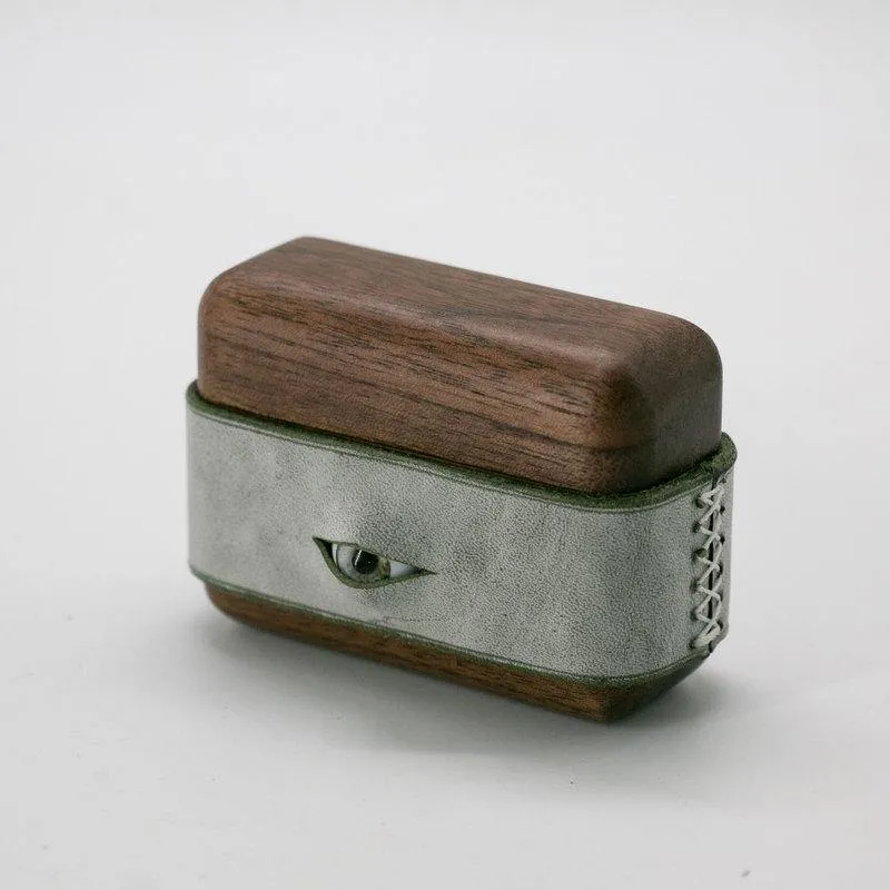 Handmade Green Leather Coffee Wood AirPods Pro Case with Eye Custom Leather AirPods Pro Case Airpod Case Cover