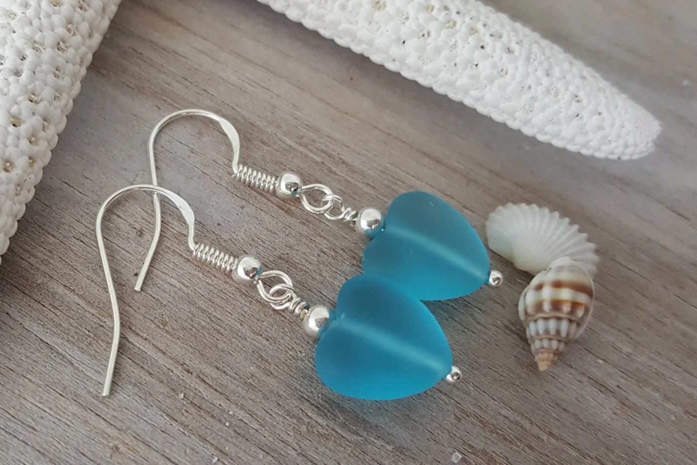 Handmade in Hawaii, Small "Twin Hearts" Turquoise Bay Blue sea glass earrings,  Light Weight Earrings, Hawaii Gift Wrapped