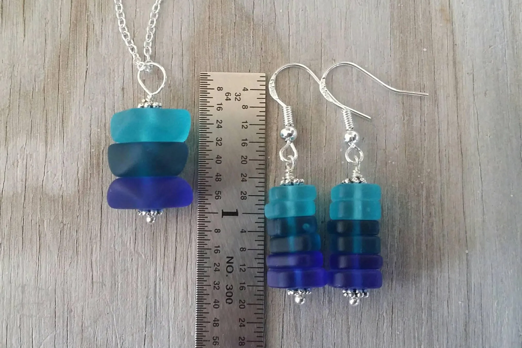 Handmade in Hawaii, triple blue sea glass necklace   earrings jewelry set,   gift box, Mother's Day gift