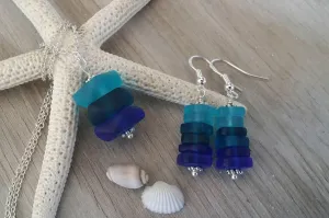 Handmade in Hawaii, triple blue sea glass necklace   earrings jewelry set,   gift box, Mother's Day gift
