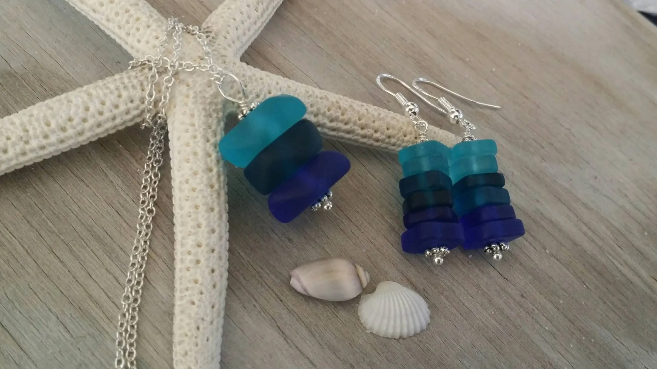 Handmade in Hawaii, triple blue sea glass necklace   earrings jewelry set,   gift box, Mother's Day gift