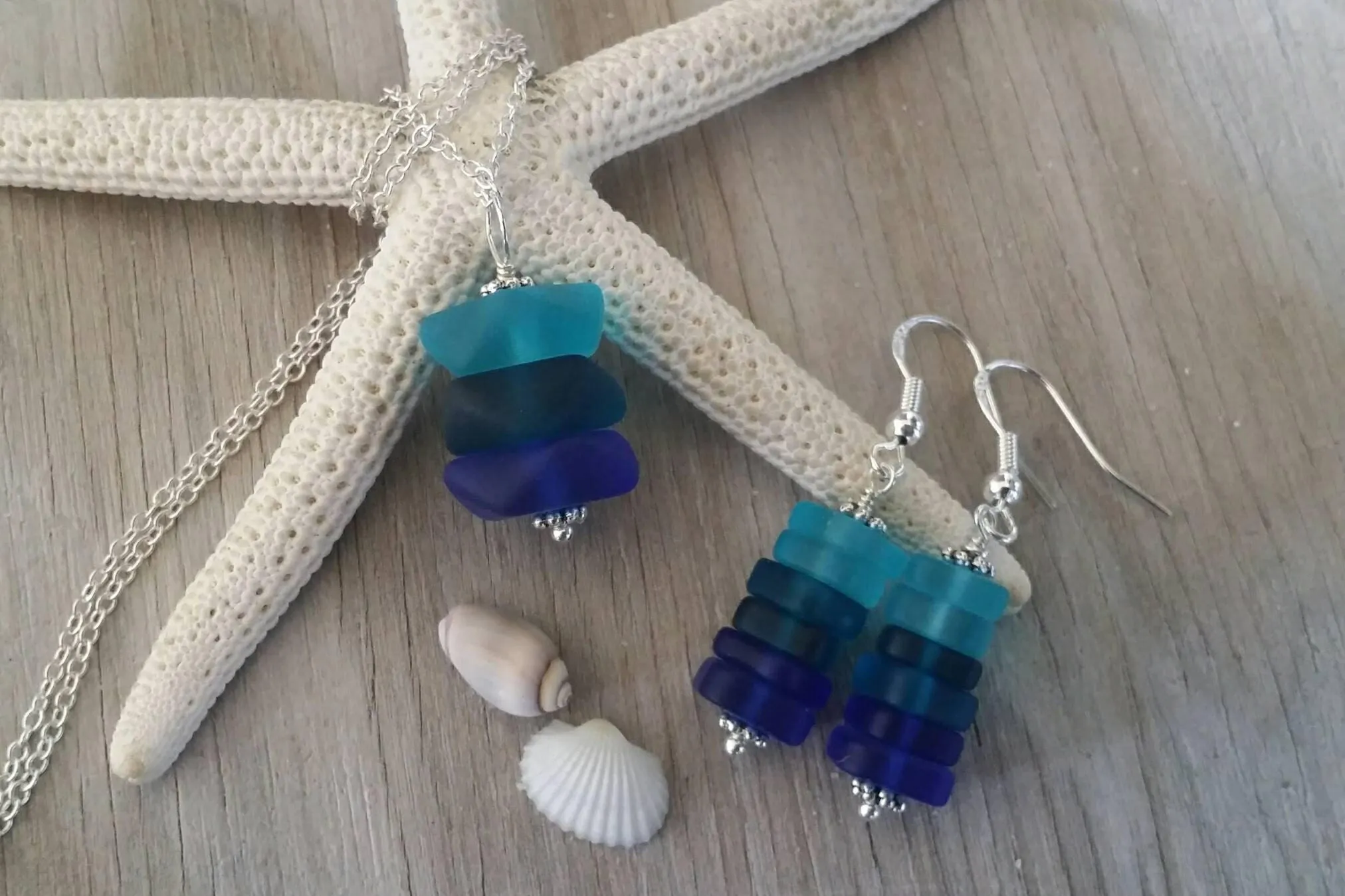 Handmade in Hawaii, triple blue sea glass necklace   earrings jewelry set,   gift box, Mother's Day gift