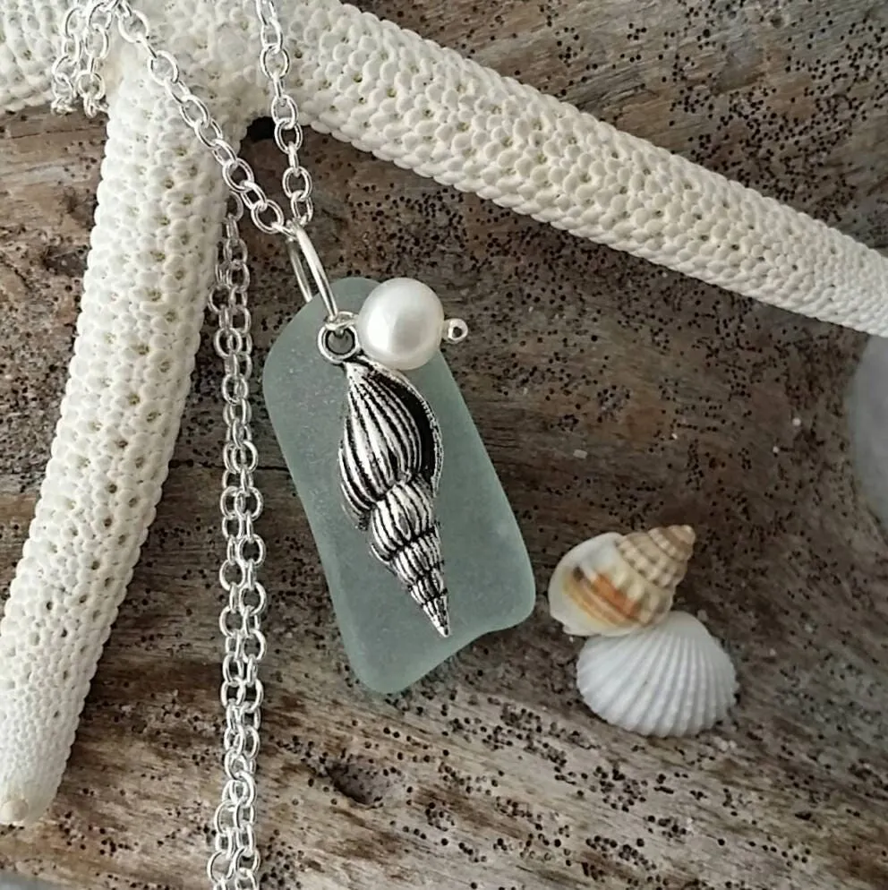 Hawaiian Jewelry Sea Glass Necklace, Seafoam Necklace, Pearl Seashell Necklace, Beach Jewelry Handmade Necklace Sea Glass Jewelry For Women