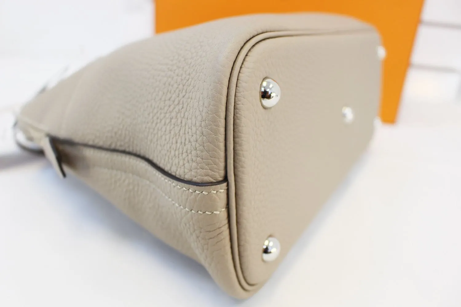 HERMES 31cm Grey Clemence Leather Palladium Plated Bolide Bag