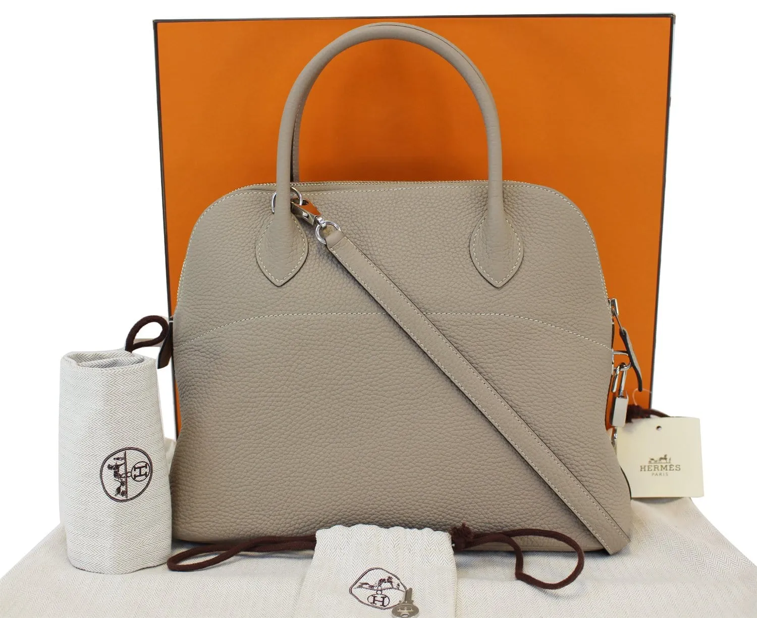 HERMES 31cm Grey Clemence Leather Palladium Plated Bolide Bag