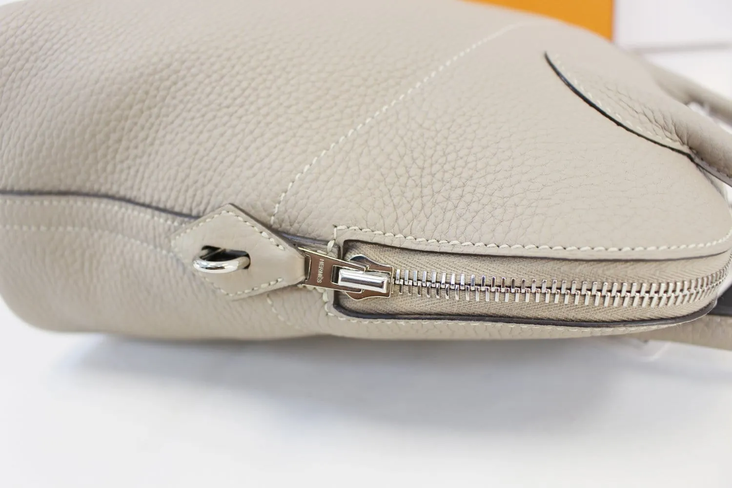 HERMES 31cm Grey Clemence Leather Palladium Plated Bolide Bag