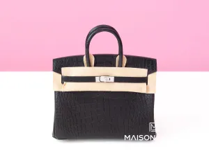 Hermes Birkin 25 Black Matte Crocodile Alligator Palladium Handbag