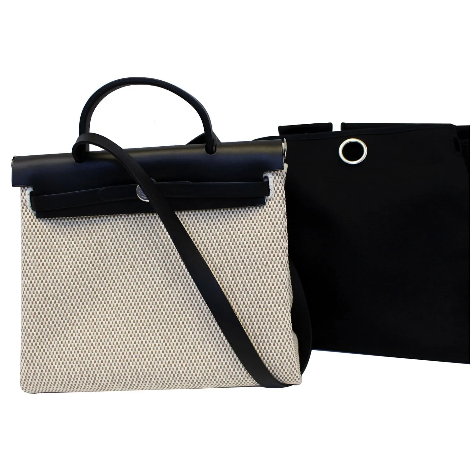 HERMES Herbag PM 30cm Leather Toile Bag Black/Off White