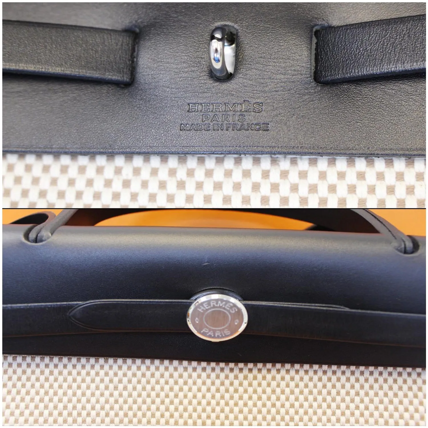 HERMES Herbag PM 30cm Leather Toile Bag Black/Off White