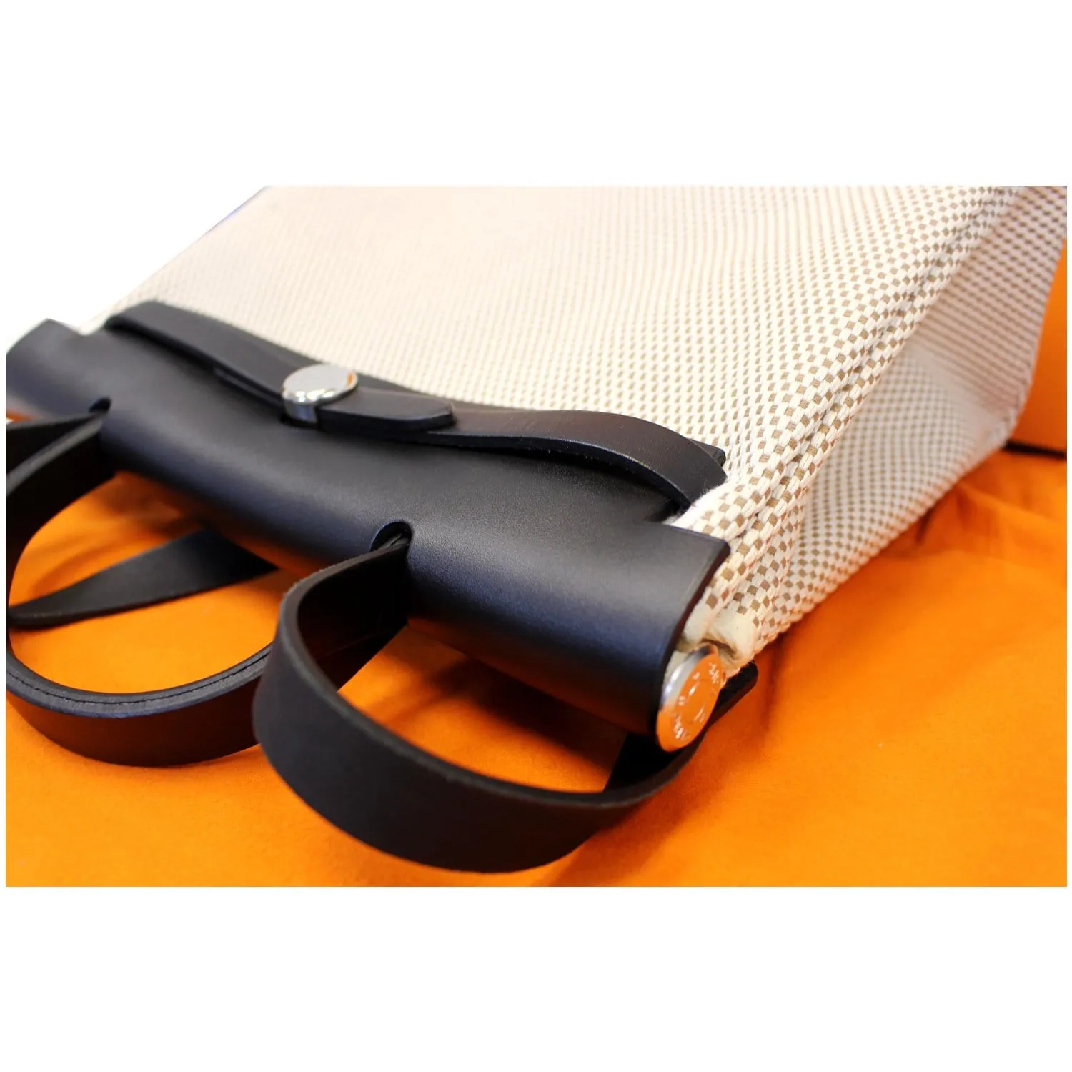 HERMES Herbag PM 30cm Leather Toile Bag Black/Off White
