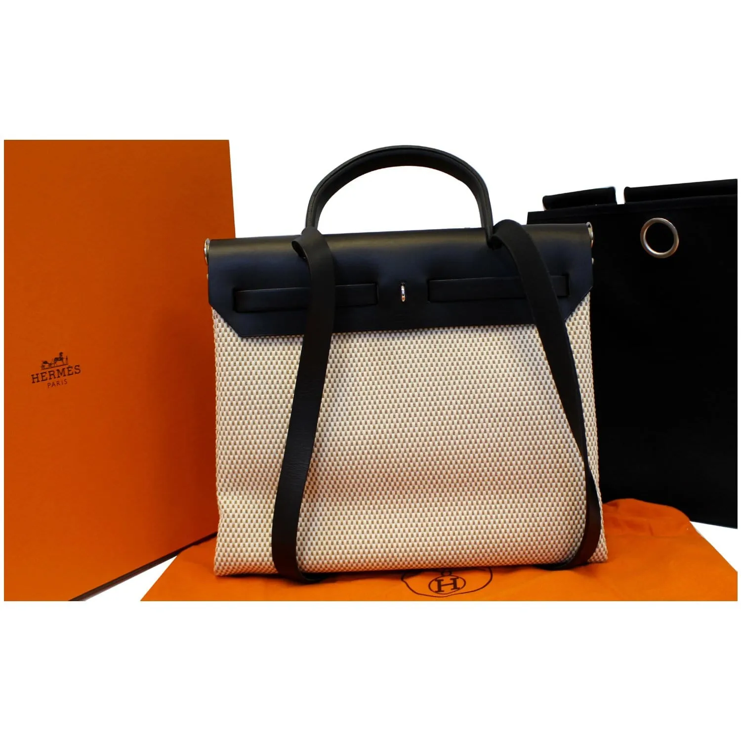 HERMES Herbag PM 30cm Leather Toile Bag Black/Off White
