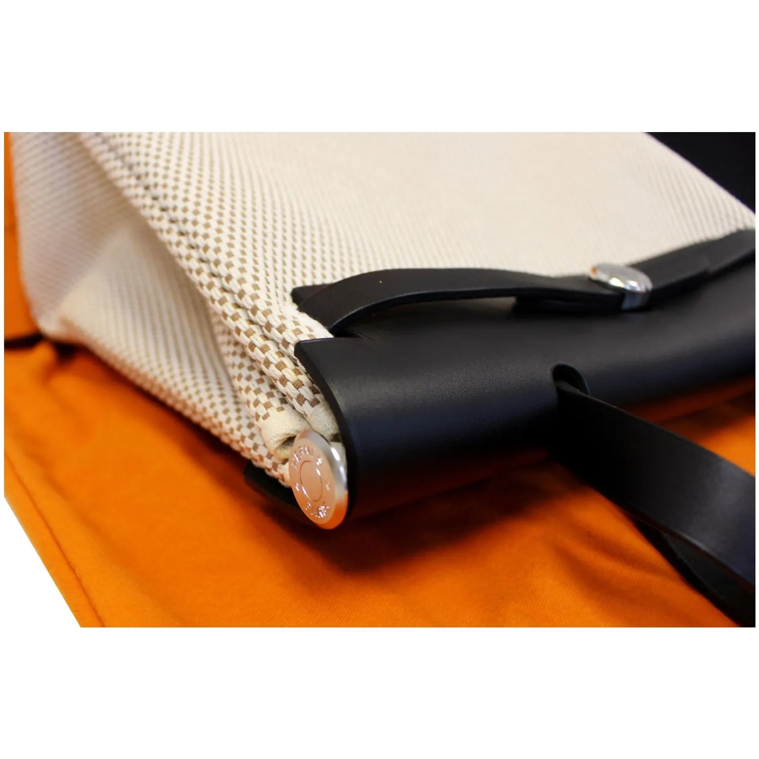 HERMES Herbag PM 30cm Leather Toile Bag Black/Off White