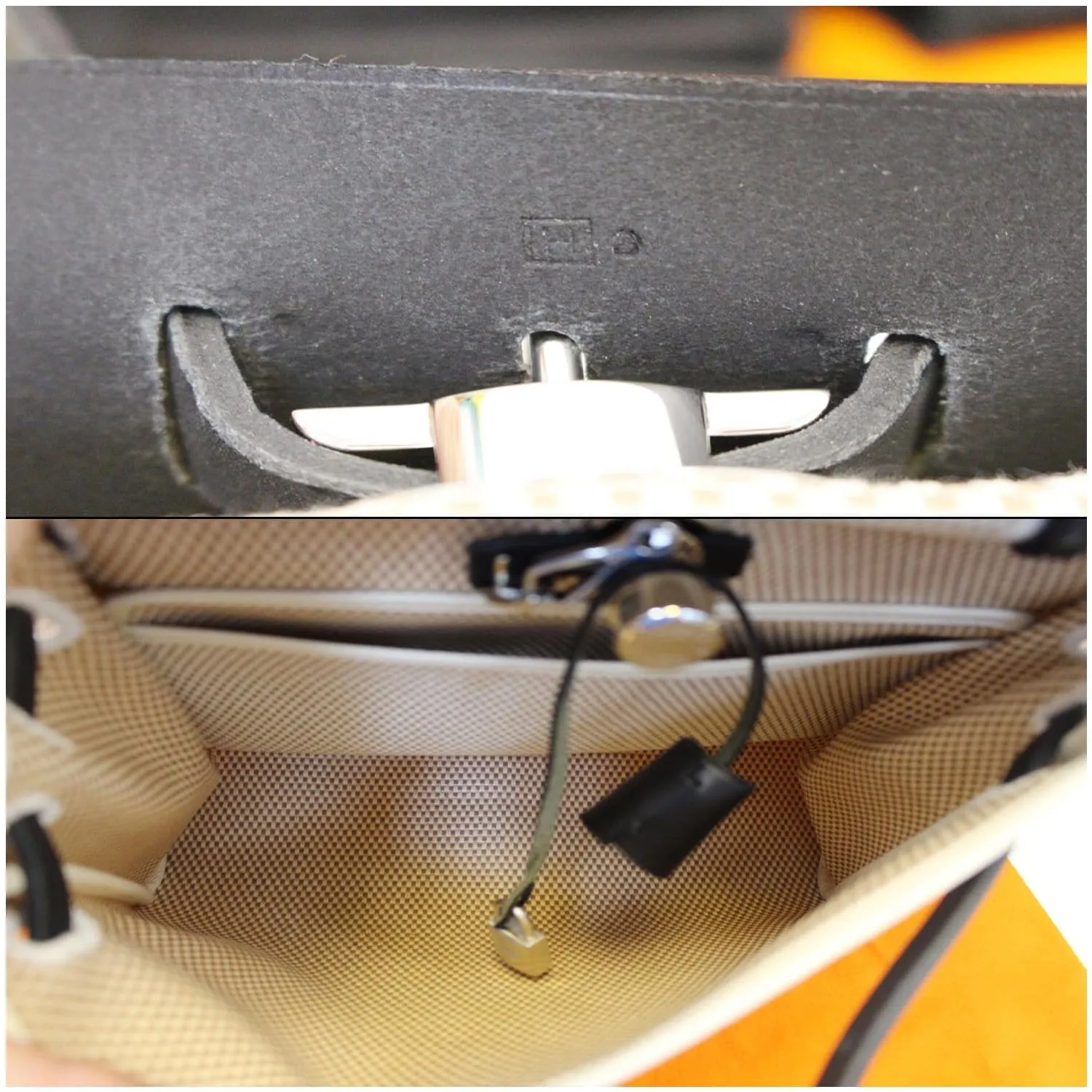 HERMES Herbag PM 30cm Leather Toile Bag Black/Off White