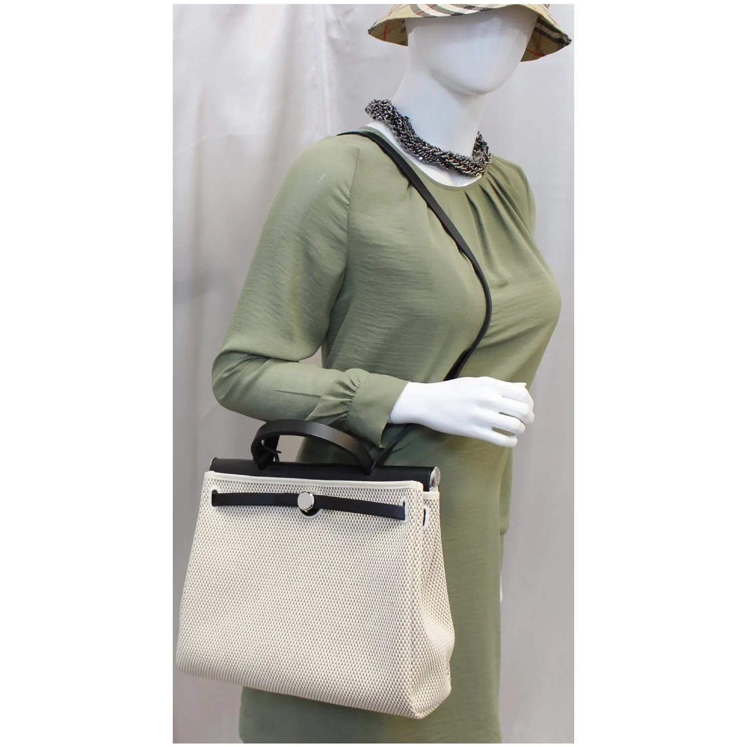 HERMES Herbag PM 30cm Leather Toile Bag Black/Off White