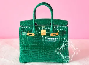 Hermes Vert Emerald Emeraude   Fuchsia Crocodile Bicolor Birkin 30 Handbag
