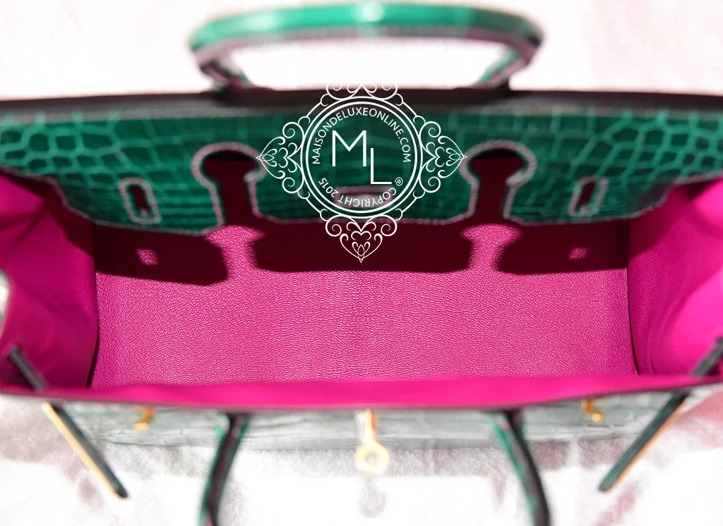 Hermes Vert Emerald Emeraude   Fuchsia Crocodile Bicolor Birkin 30 Handbag