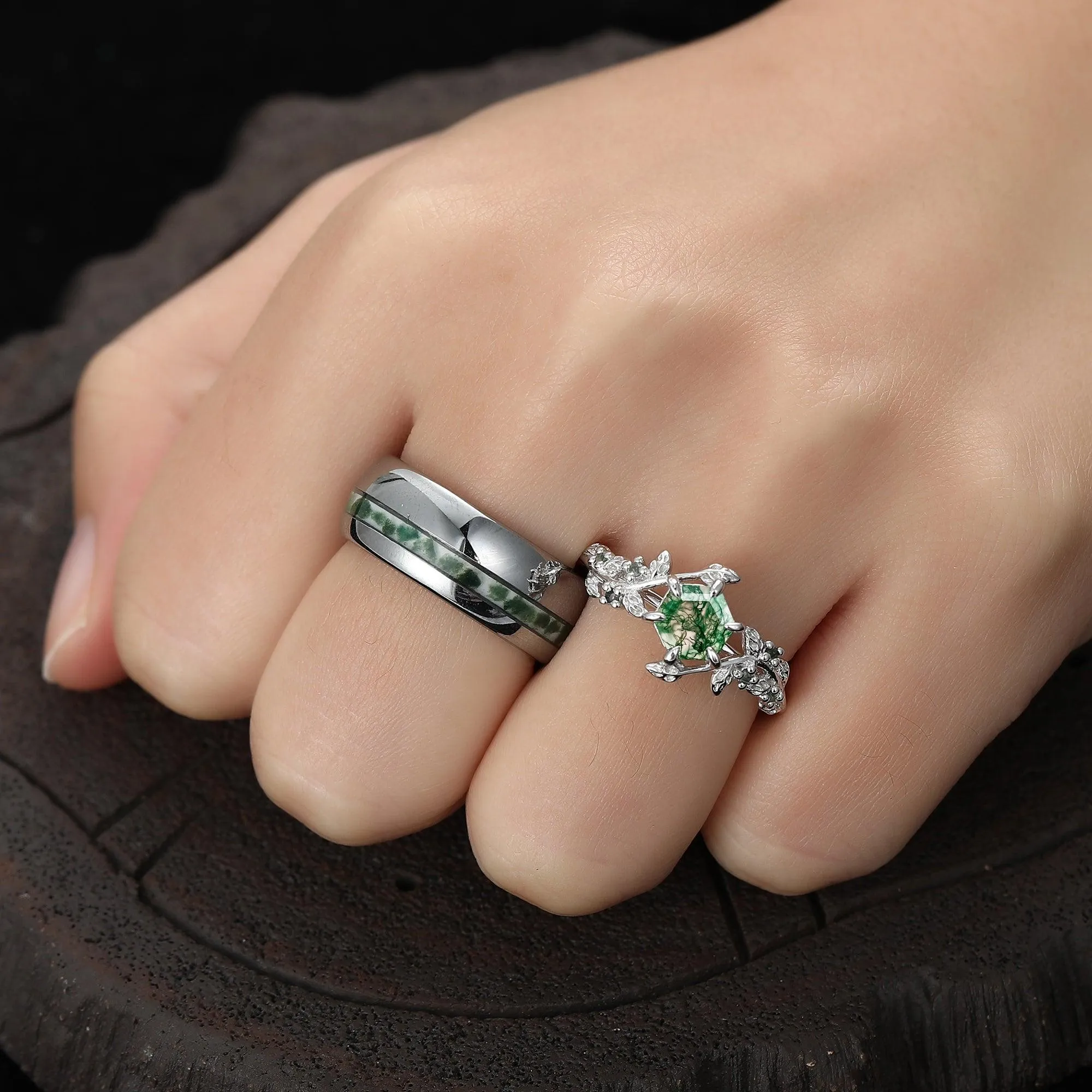 Hexagon Cut Green Moss Agate  Leaf Couples Ring Set His and Hers Wedding Band 925 Sterling Silver